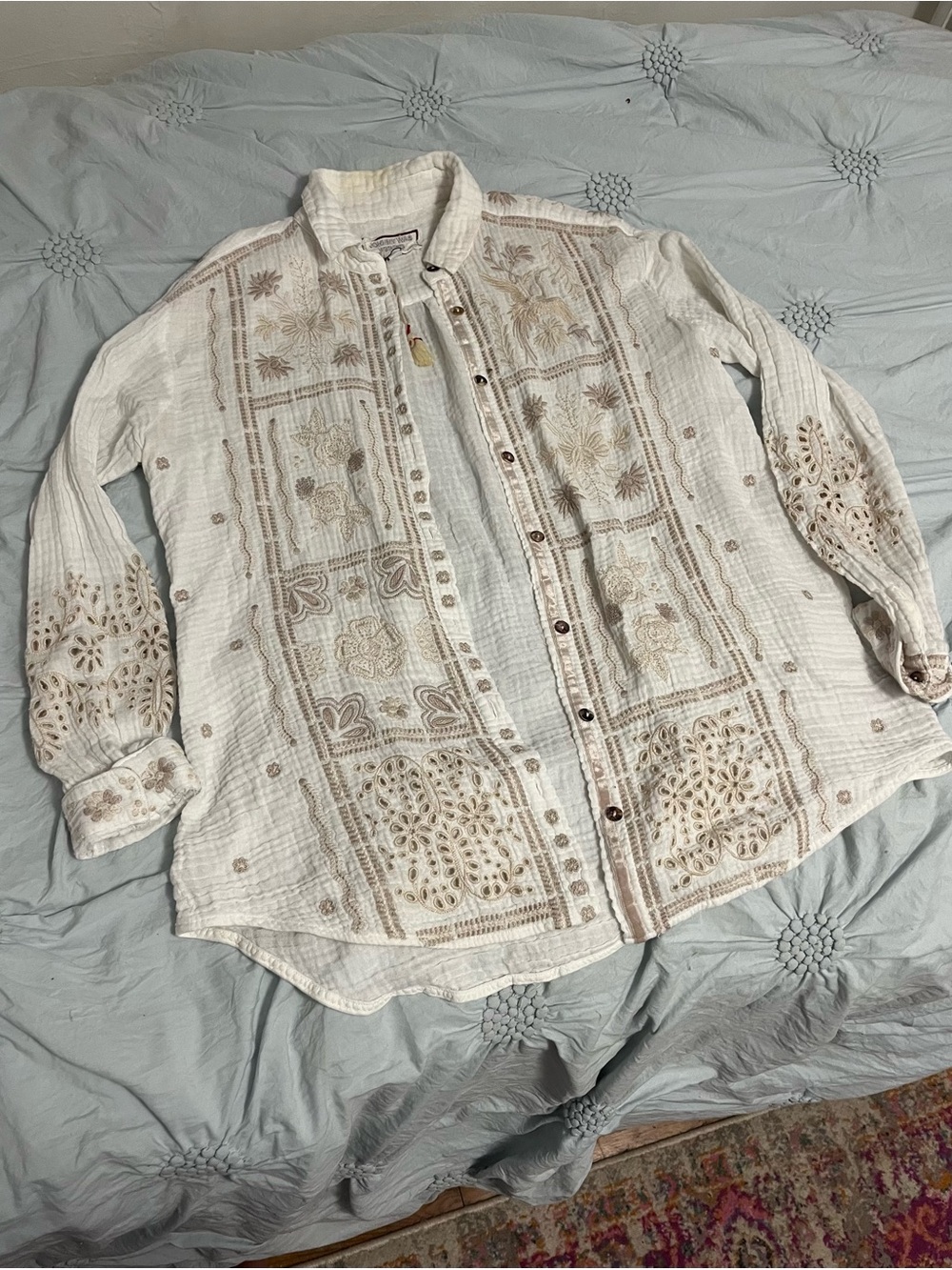 White Embroidered Long-Sleeve Button Up Shirt